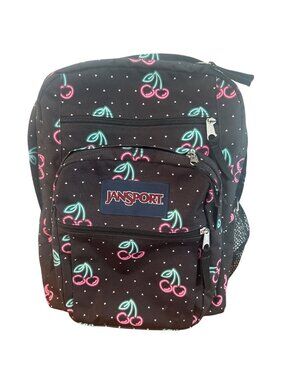 Jansport Big Student Black Backpack Neon Cherry Print Multiple Compartments
